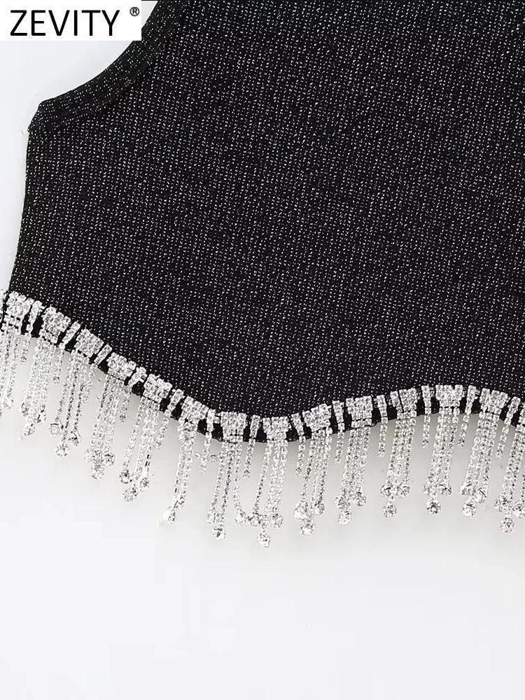 Zevity Women High Street Sexy Hem Tassel Diamond Beading Knitting T Shirt Chic Short Camis Tank Lady Slim Crop Vest Tops LS1311