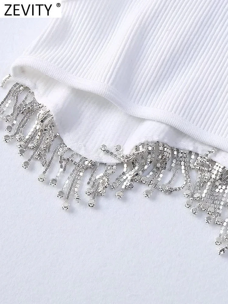 Zevity Women High Street Sexy Hem Tassel Diamond Beading Knitting T Shirt Chic Short Camis Tank Lady Slim Crop Vest Tops LS1311