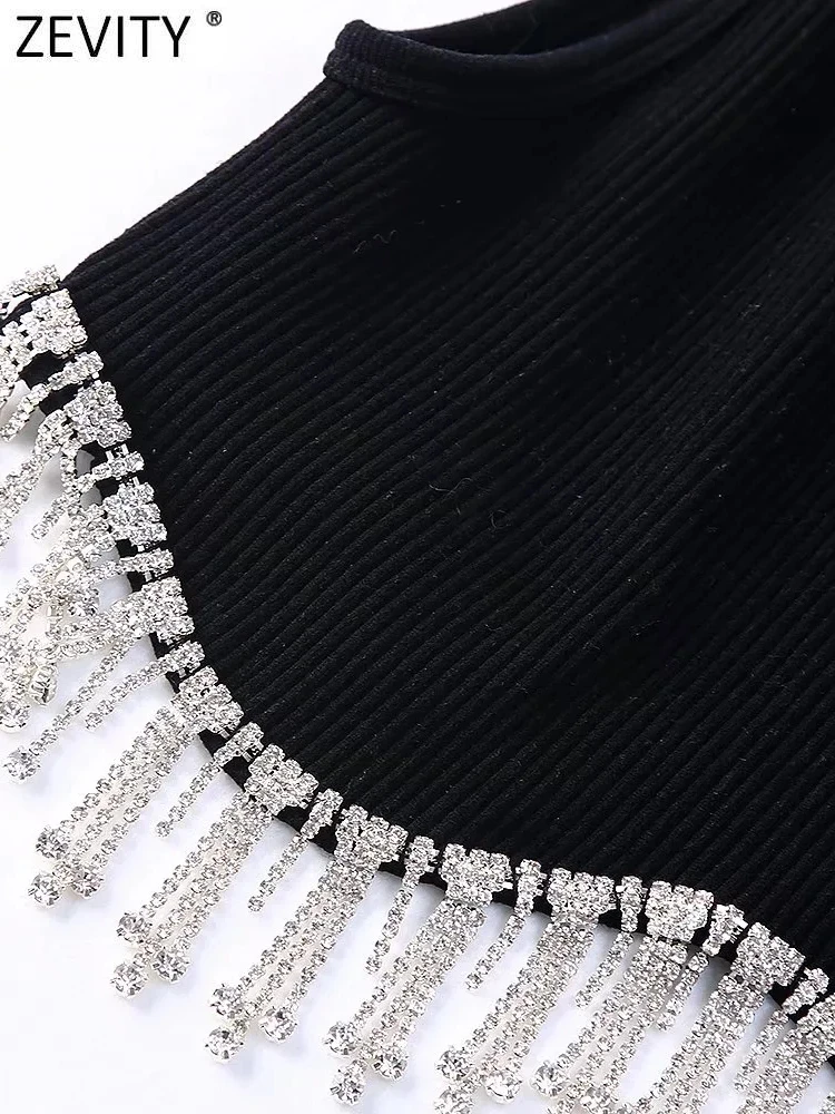 Zevity Women High Street Sexy Hem Tassel Diamond Beading Knitting T Shirt Chic Short Camis Tank Lady Slim Crop Vest Tops LS1311