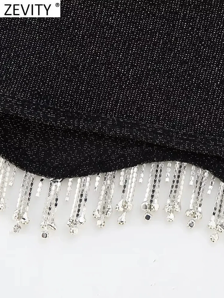 Zevity Women High Street Sexy Hem Tassel Diamond Beading Knitting T Shirt Chic Short Camis Tank Lady Slim Crop Vest Tops LS1311