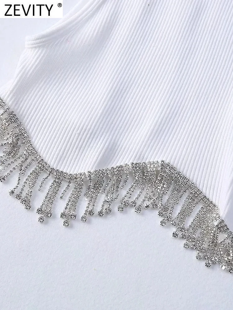 Zevity Women High Street Sexy Hem Tassel Diamond Beading Knitting T Shirt Chic Short Camis Tank Lady Slim Crop Vest Tops LS1311