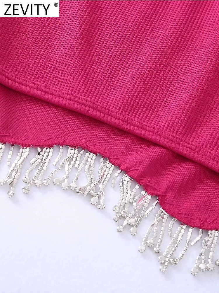 Zevity Women High Street Sexy Hem Tassel Diamond Beading Knitting T Shirt Chic Short Camis Tank Lady Slim Crop Vest Tops LS1311