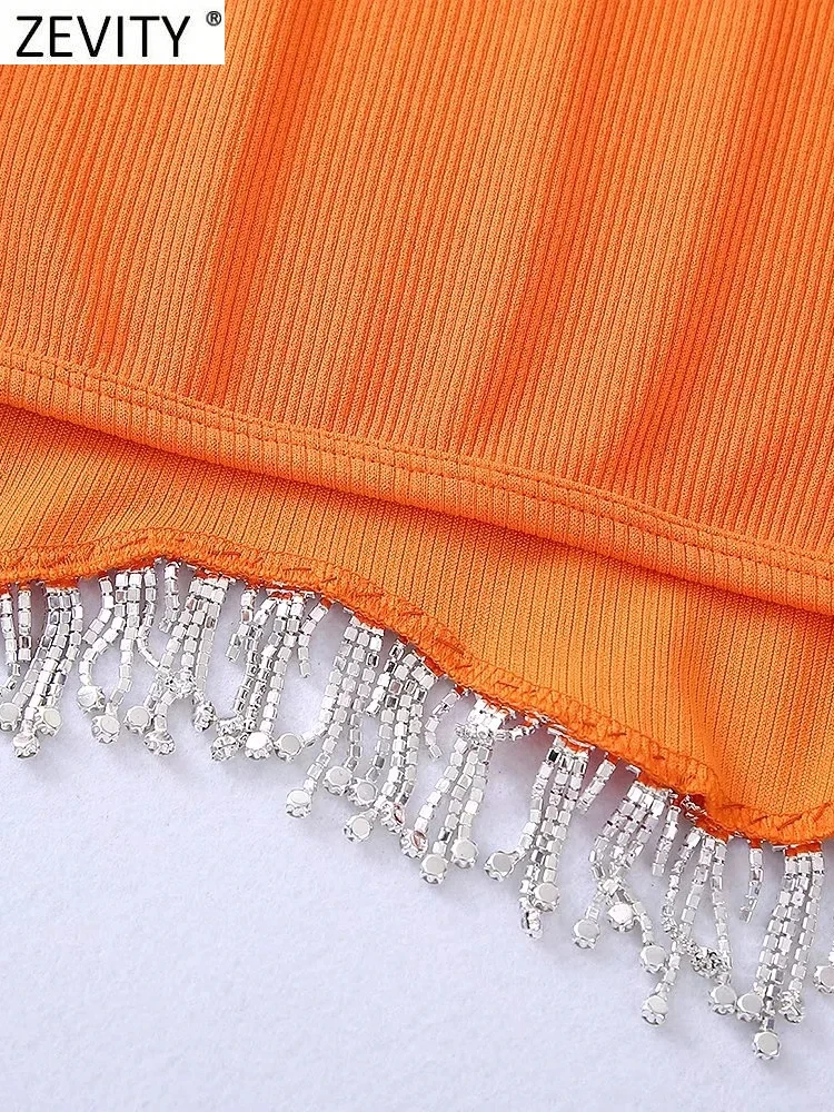 Zevity Women High Street Sexy Hem Tassel Diamond Beading Knitting T Shirt Chic Short Camis Tank Lady Slim Crop Vest Tops LS1311