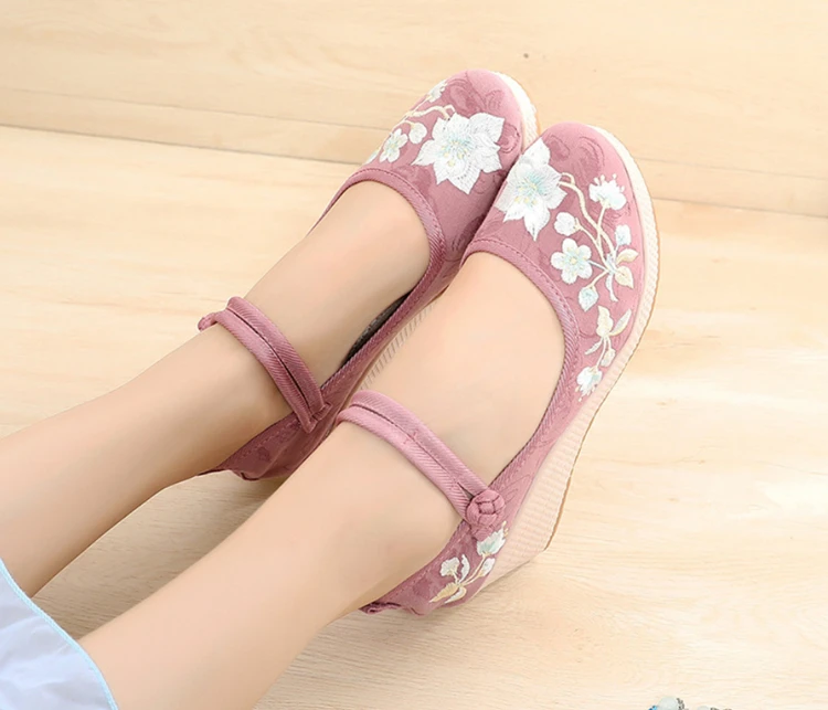 Floral Embroidered Women Spring Wedges Pumps Ladies Ethnic Canvas Mary Jane Dress Shoes Vintage Round Toe Espadrilles for Female