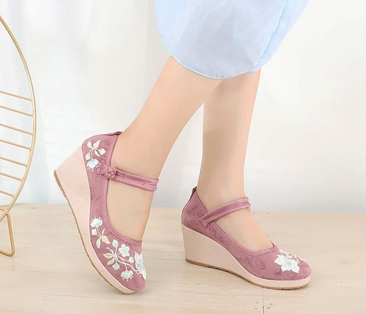 Floral Embroidered Women Spring Wedges Pumps Ladies Ethnic Canvas Mary Jane Dress Shoes Vintage Round Toe Espadrilles for Female