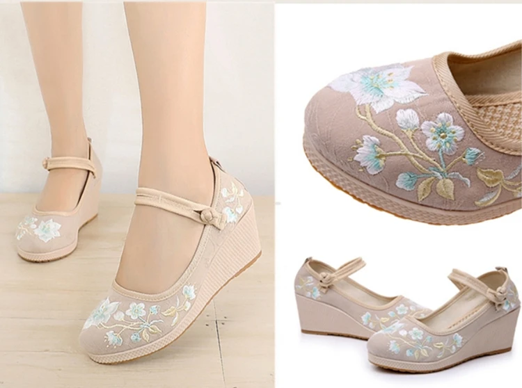 Floral Embroidered Women Spring Wedges Pumps Ladies Ethnic Canvas Mary Jane Dress Shoes Vintage Round Toe Espadrilles for Female