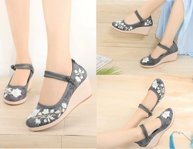 Floral Embroidered Women Spring Wedges Pumps Ladies Ethnic Canvas Mary Jane Dress Shoes Vintage Round Toe Espadrilles for Female