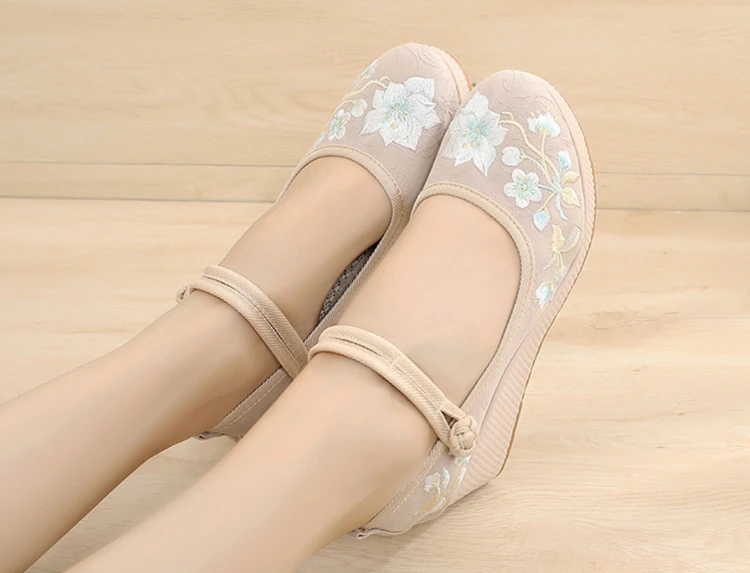 Floral Embroidered Women Spring Wedges Pumps Ladies Ethnic Canvas Mary Jane Dress Shoes Vintage Round Toe Espadrilles for Female