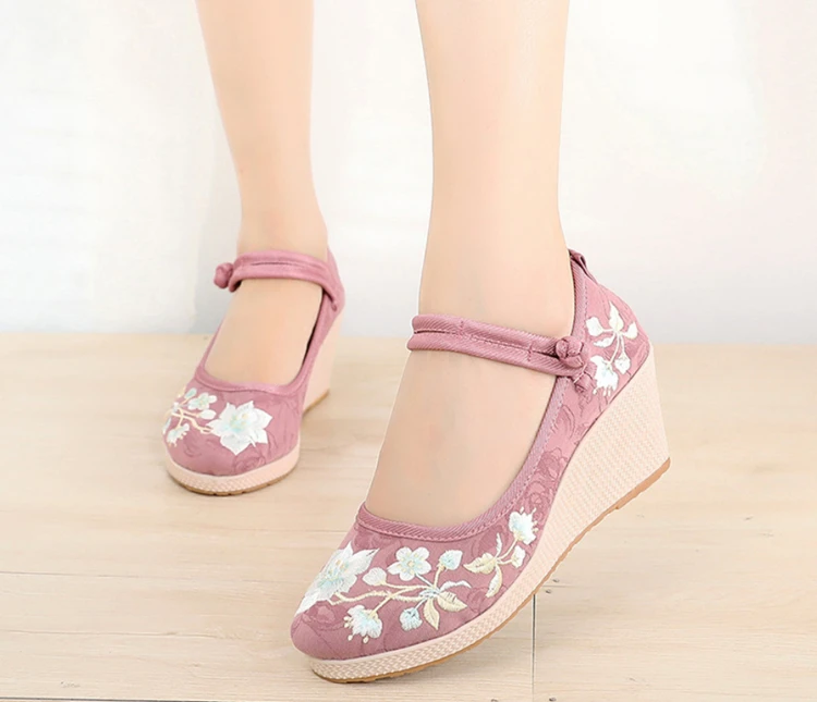 Floral Embroidered Women Spring Wedges Pumps Ladies Ethnic Canvas Mary Jane Dress Shoes Vintage Round Toe Espadrilles for Female