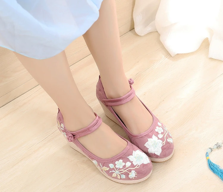 Floral Embroidered Women Spring Wedges Pumps Ladies Ethnic Canvas Mary Jane Dress Shoes Vintage Round Toe Espadrilles for Female