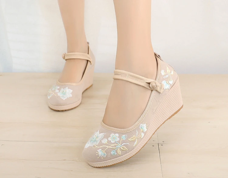 Floral Embroidered Women Spring Wedges Pumps Ladies Ethnic Canvas Mary Jane Dress Shoes Vintage Round Toe Espadrilles for Female