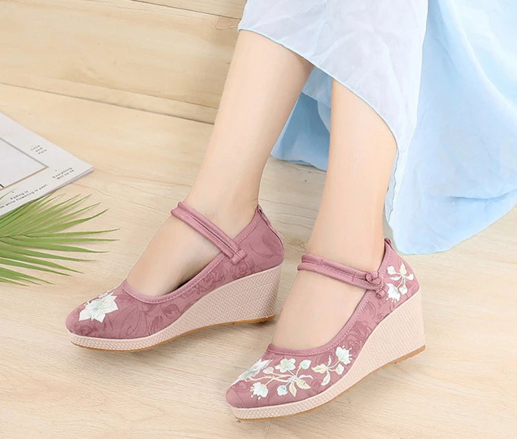 Floral Embroidered Women Spring Wedges Pumps Ladies Ethnic Canvas Mary Jane Dress Shoes Vintage Round Toe Espadrilles for Female