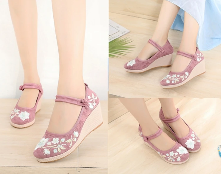 Floral Embroidered Women Spring Wedges Pumps Ladies Ethnic Canvas Mary Jane Dress Shoes Vintage Round Toe Espadrilles for Female