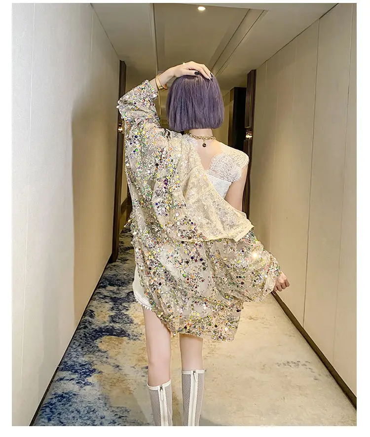 AmaxluluE 2025 Summer British Streetwear Ladies Sequins Hooded Loose Jackets Women Vintage Zippers Coats Female Big Size Clothes