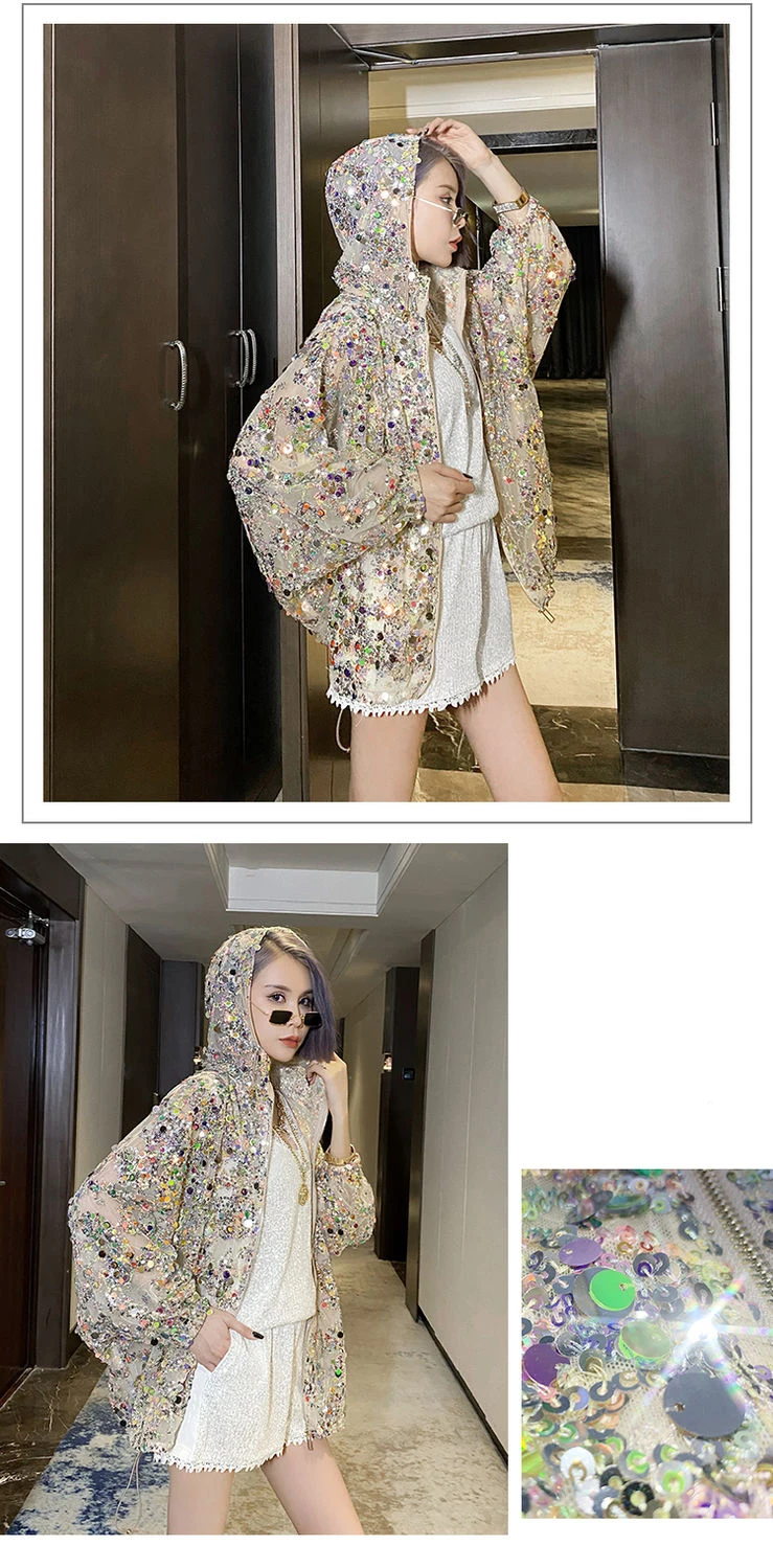 AmaxluluE 2025 Summer British Streetwear Ladies Sequins Hooded Loose Jackets Women Vintage Zippers Coats Female Big Size Clothes