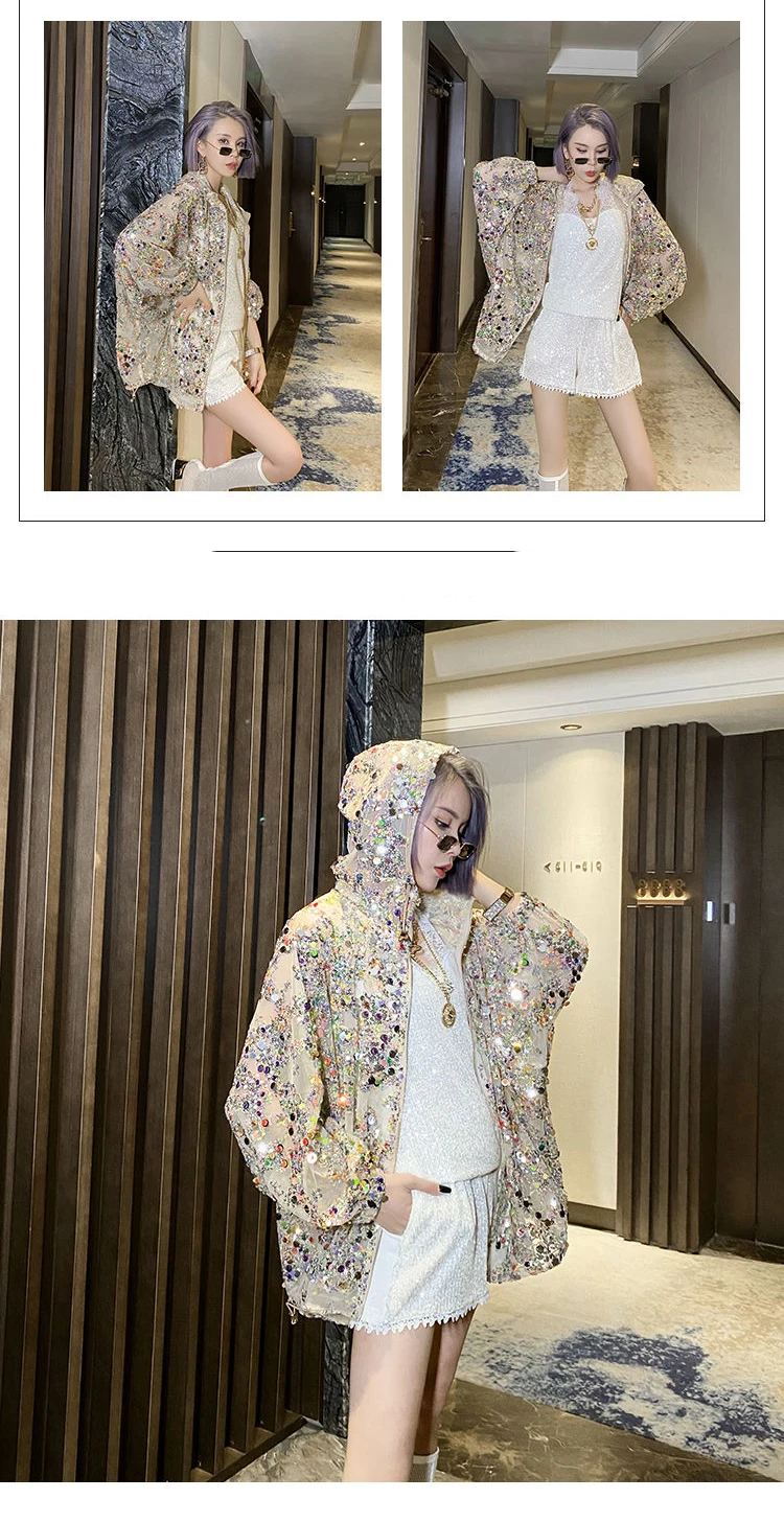 AmaxluluE 2025 Summer British Streetwear Ladies Sequins Hooded Loose Jackets Women Vintage Zippers Coats Female Big Size Clothes