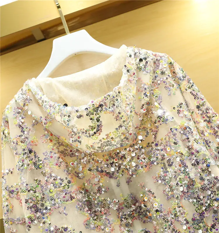 AmaxluluE 2025 Summer British Streetwear Ladies Sequins Hooded Loose Jackets Women Vintage Zippers Coats Female Big Size Clothes