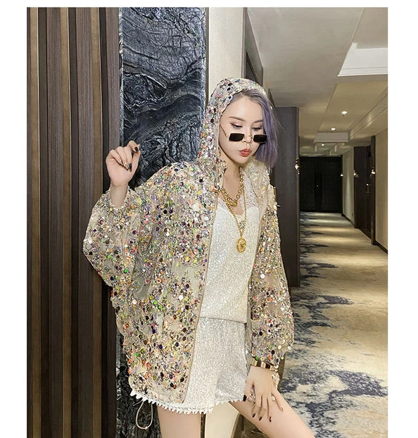 AmaxluluE 2025 Summer British Streetwear Ladies Sequins Hooded Loose Jackets Women Vintage Zippers Coats Female Big Size Clothes
