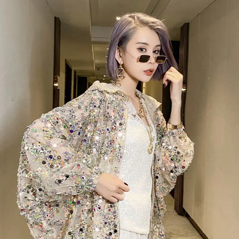 AmaxluluE 2025 Summer British Streetwear Ladies Sequins Hooded Loose Jackets Women Vintage Zippers Coats Female Big Size Clothes