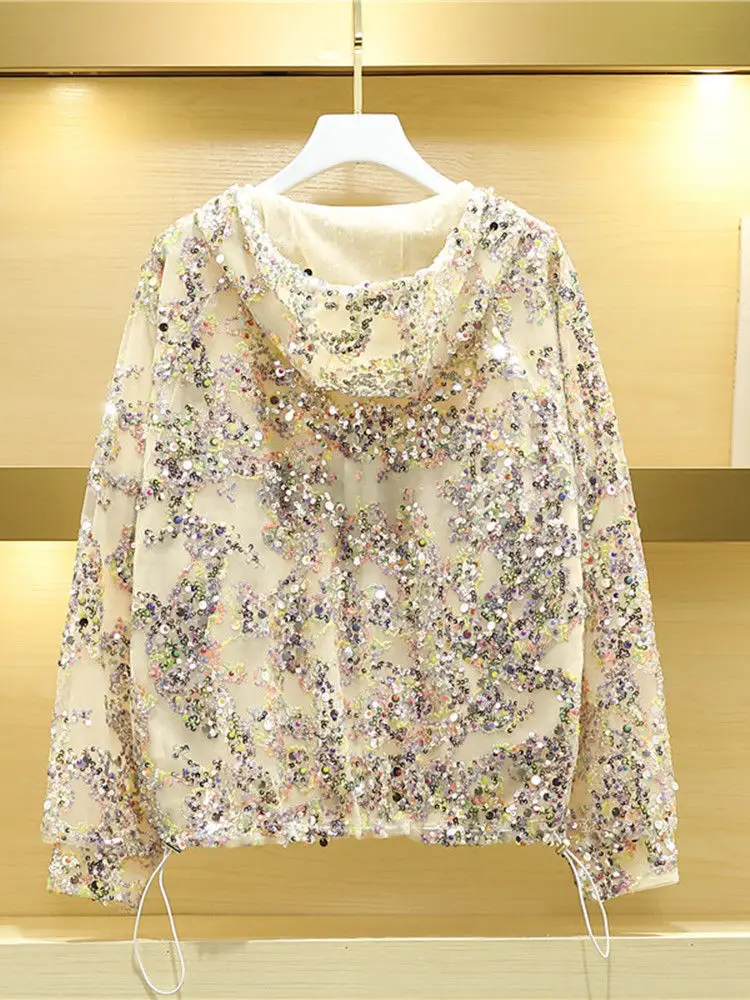 AmaxluluE 2025 Summer British Streetwear Ladies Sequins Hooded Loose Jackets Women Vintage Zippers Coats Female Big Size Clothes
