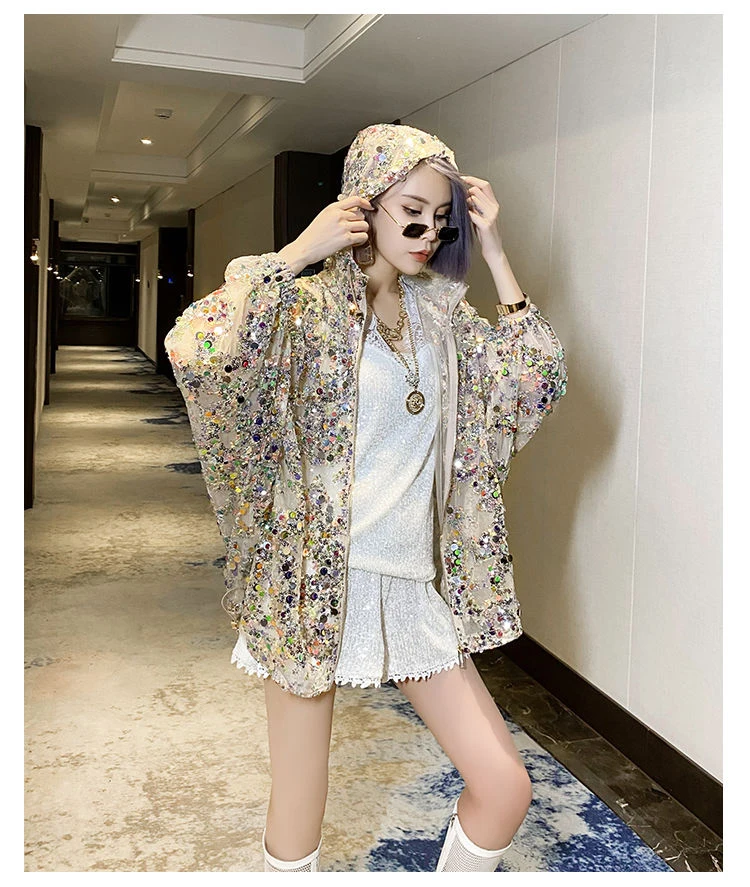 AmaxluluE 2025 Summer British Streetwear Ladies Sequins Hooded Loose Jackets Women Vintage Zippers Coats Female Big Size Clothes