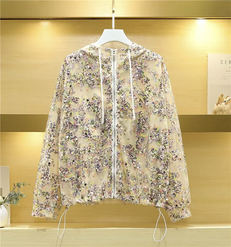 AmaxluluE 2025 Summer British Streetwear Ladies Sequins Hooded Loose Jackets Women Vintage Zippers Coats Female Big Size Clothes