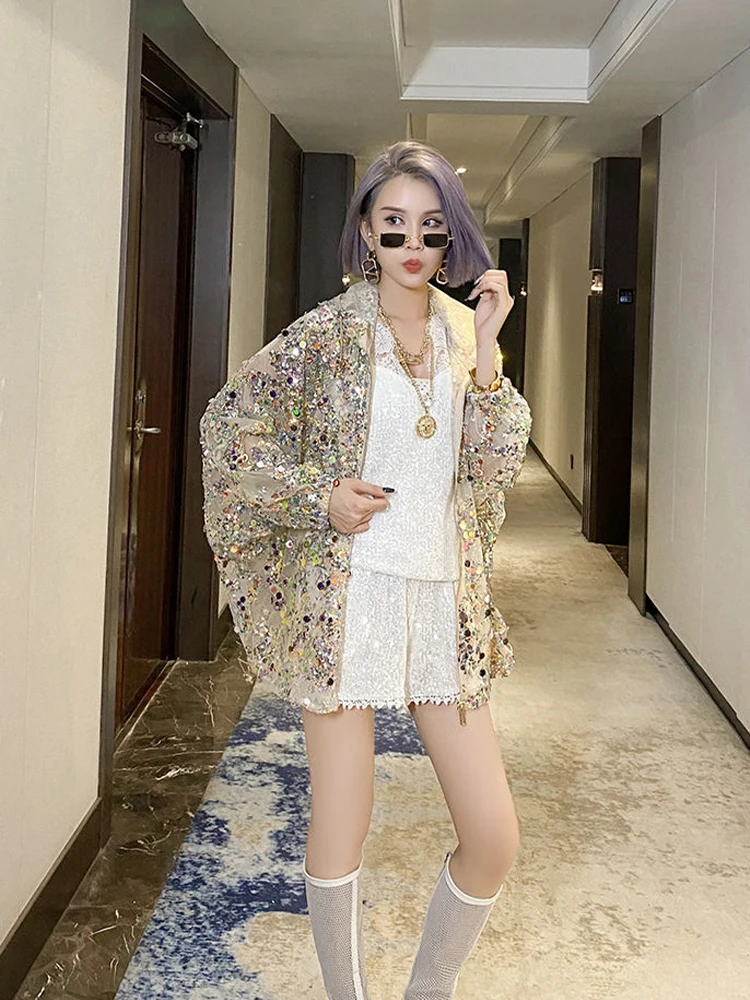 AmaxluluE 2025 Summer British Streetwear Ladies Sequins Hooded Loose Jackets Women Vintage Zippers Coats Female Big Size Clothes