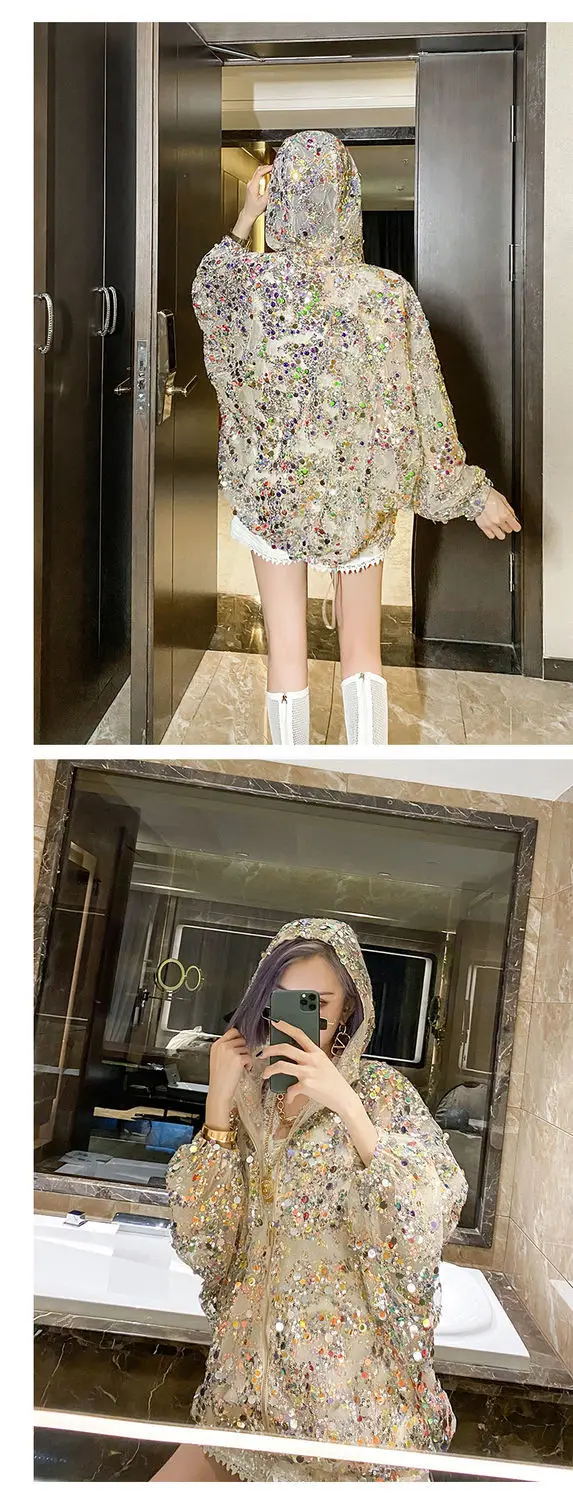 AmaxluluE 2025 Summer British Streetwear Ladies Sequins Hooded Loose Jackets Women Vintage Zippers Coats Female Big Size Clothes