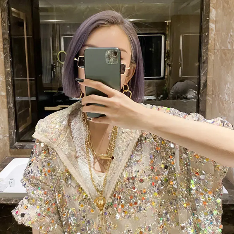 AmaxluluE 2025 Summer British Streetwear Ladies Sequins Hooded Loose Jackets Women Vintage Zippers Coats Female Big Size Clothes