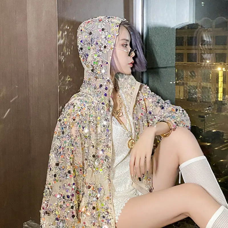 AmaxluluE 2025 Summer British Streetwear Ladies Sequins Hooded Loose Jackets Women Vintage Zippers Coats Female Big Size Clothes