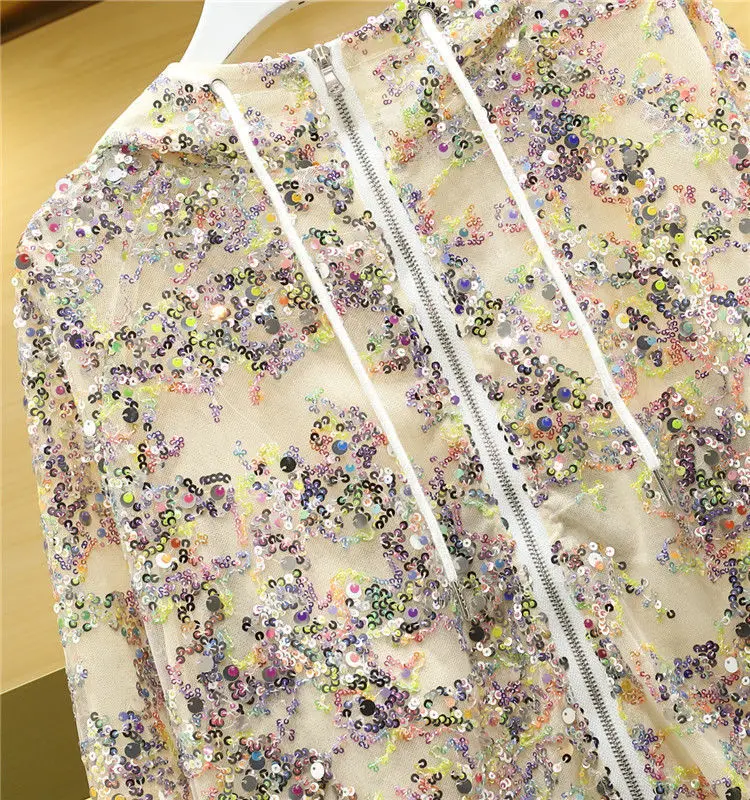 AmaxluluE 2025 Summer British Streetwear Ladies Sequins Hooded Loose Jackets Women Vintage Zippers Coats Female Big Size Clothes