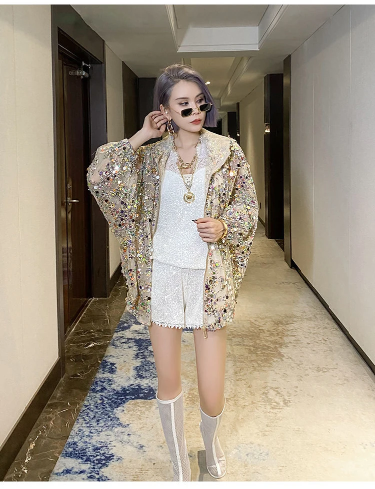 AmaxluluE 2025 Summer British Streetwear Ladies Sequins Hooded Loose Jackets Women Vintage Zippers Coats Female Big Size Clothes