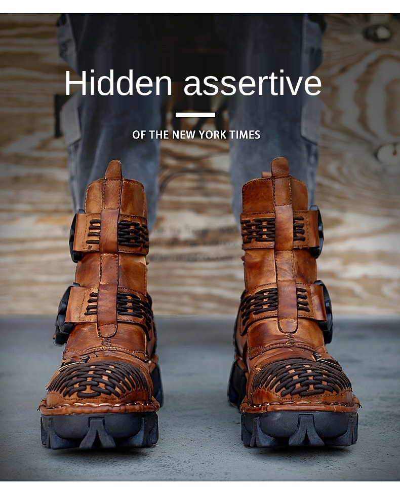 New Men's Fashion Genuine Leather Motorcycle Boots Buckle Strap Combat Boots Skull Punk Desert Boots Winter Warm High-top Shoes