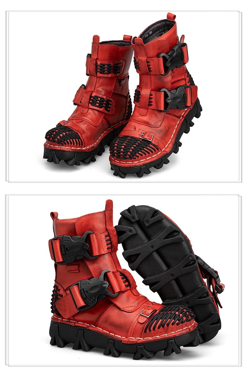New Men's Fashion Genuine Leather Motorcycle Boots Buckle Strap Combat Boots Skull Punk Desert Boots Winter Warm High-top Shoes