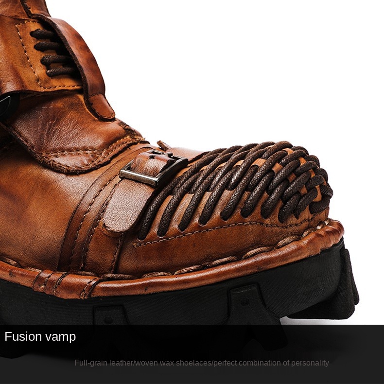 New Men's Fashion Genuine Leather Motorcycle Boots Buckle Strap Combat Boots Skull Punk Desert Boots Winter Warm High-top Shoes