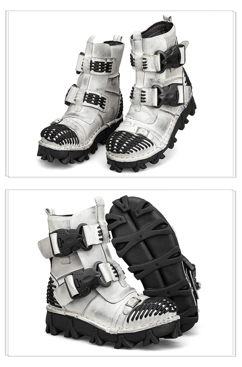 New Men's Fashion Genuine Leather Motorcycle Boots Buckle Strap Combat Boots Skull Punk Desert Boots Winter Warm High-top Shoes