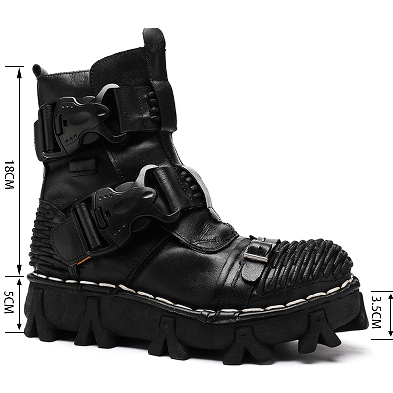 New Men's Fashion Genuine Leather Motorcycle Boots Buckle Strap Combat Boots Skull Punk Desert Boots Winter Warm High-top Shoes