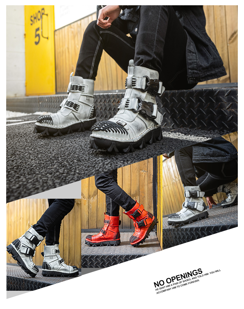 New Men's Fashion Genuine Leather Motorcycle Boots Buckle Strap Combat Boots Skull Punk Desert Boots Winter Warm High-top Shoes