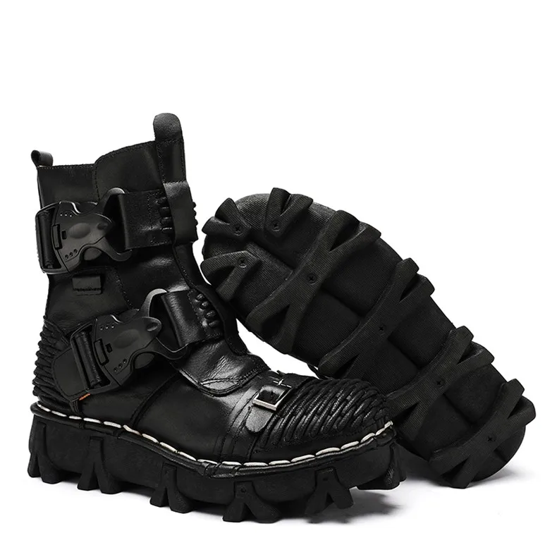 New Men's Fashion Genuine Leather Motorcycle Boots Buckle Strap Combat Boots Skull Punk Desert Boots Winter Warm High-top Shoes