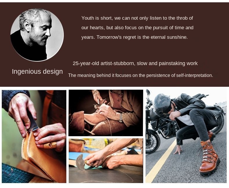 New Men's Fashion Genuine Leather Motorcycle Boots Buckle Strap Combat Boots Skull Punk Desert Boots Winter Warm High-top Shoes
