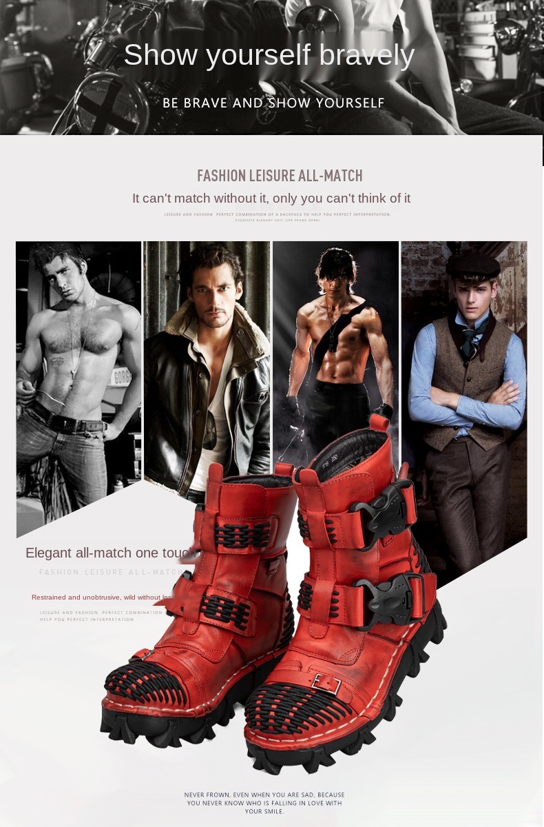 New Men's Fashion Genuine Leather Motorcycle Boots Buckle Strap Combat Boots Skull Punk Desert Boots Winter Warm High-top Shoes