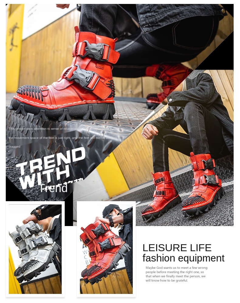 New Men's Fashion Genuine Leather Motorcycle Boots Buckle Strap Combat Boots Skull Punk Desert Boots Winter Warm High-top Shoes