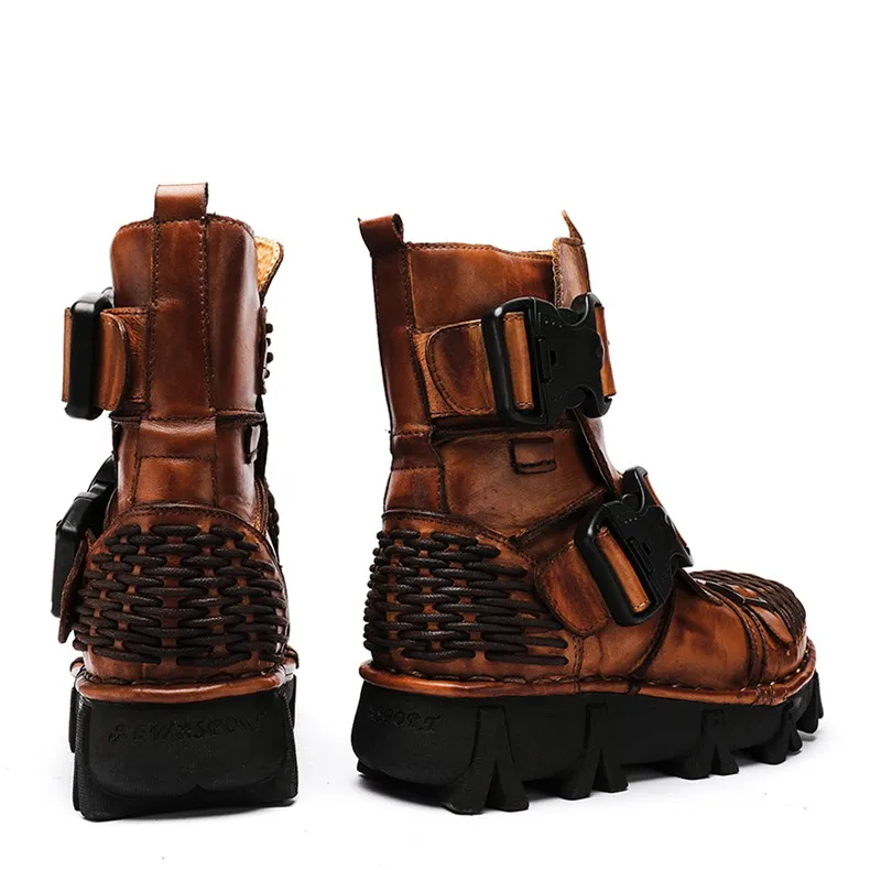 New Men's Fashion Genuine Leather Motorcycle Boots Buckle Strap Combat Boots Skull Punk Desert Boots Winter Warm High-top Shoes