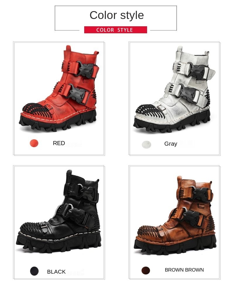 New Men's Fashion Genuine Leather Motorcycle Boots Buckle Strap Combat Boots Skull Punk Desert Boots Winter Warm High-top Shoes