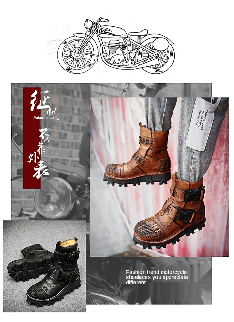 New Men's Fashion Genuine Leather Motorcycle Boots Buckle Strap Combat Boots Skull Punk Desert Boots Winter Warm High-top Shoes