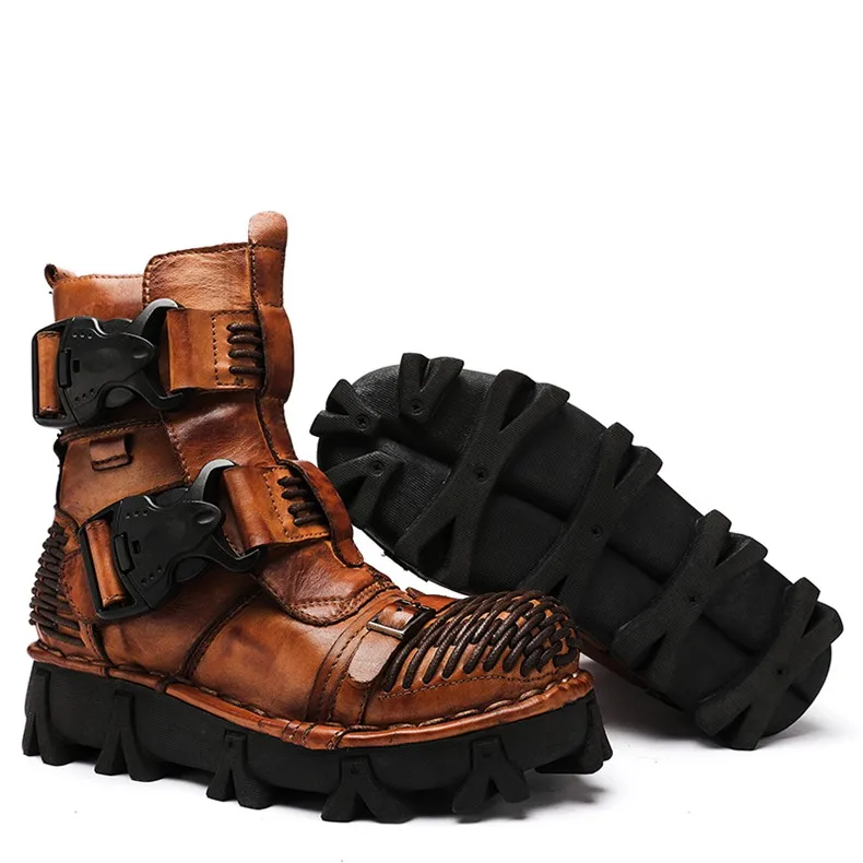 New Men's Fashion Genuine Leather Motorcycle Boots Buckle Strap Combat Boots Skull Punk Desert Boots Winter Warm High-top Shoes
