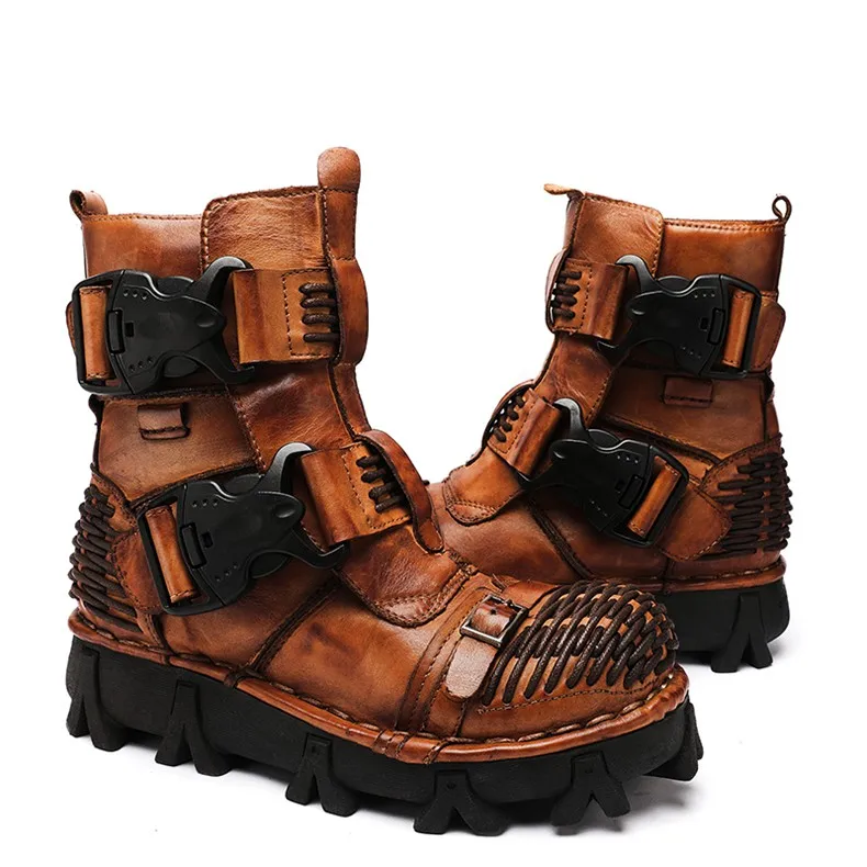 New Men's Fashion Genuine Leather Motorcycle Boots Buckle Strap Combat Boots Skull Punk Desert Boots Winter Warm High-top Shoes