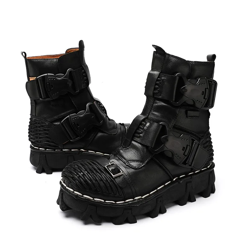 New Men's Fashion Genuine Leather Motorcycle Boots Buckle Strap Combat Boots Skull Punk Desert Boots Winter Warm High-top Shoes