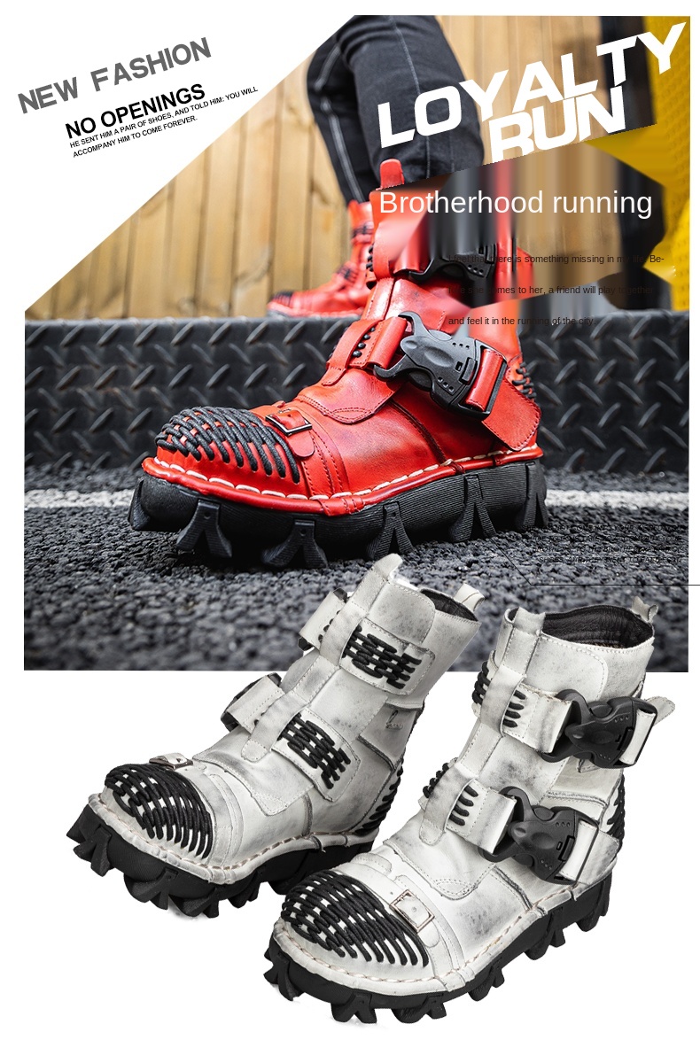 New Men's Fashion Genuine Leather Motorcycle Boots Buckle Strap Combat Boots Skull Punk Desert Boots Winter Warm High-top Shoes