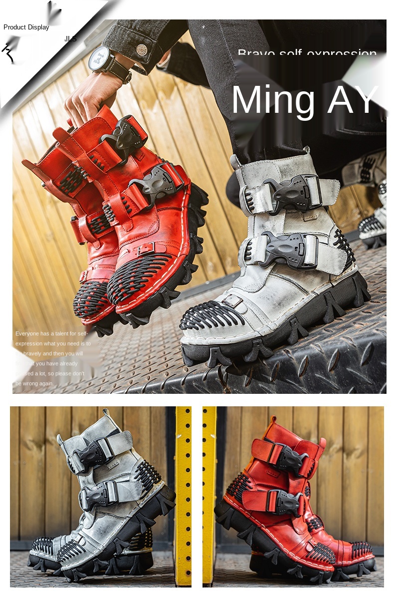 New Men's Fashion Genuine Leather Motorcycle Boots Buckle Strap Combat Boots Skull Punk Desert Boots Winter Warm High-top Shoes